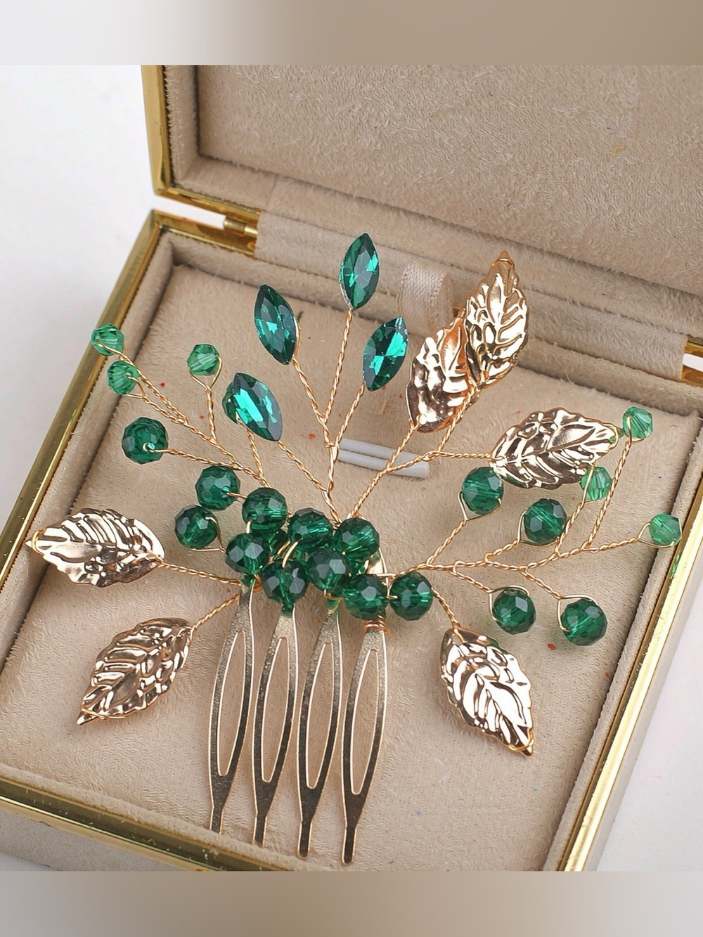 Anthropologie Gold Leaf Hair Comb with Emerald Green Crystals